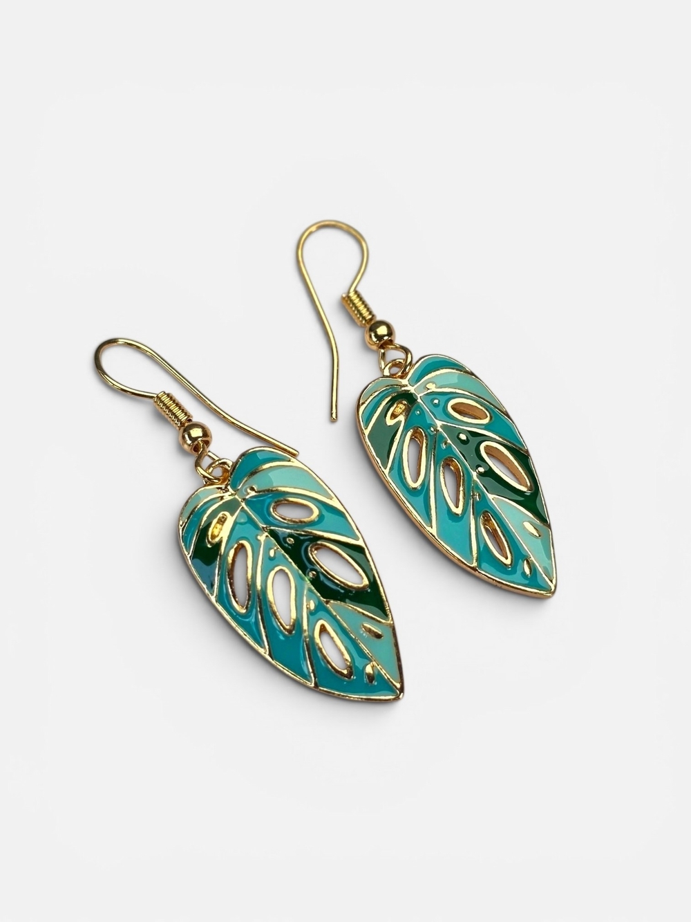 Monstera Tropical Leaf Boho Earrings Gold